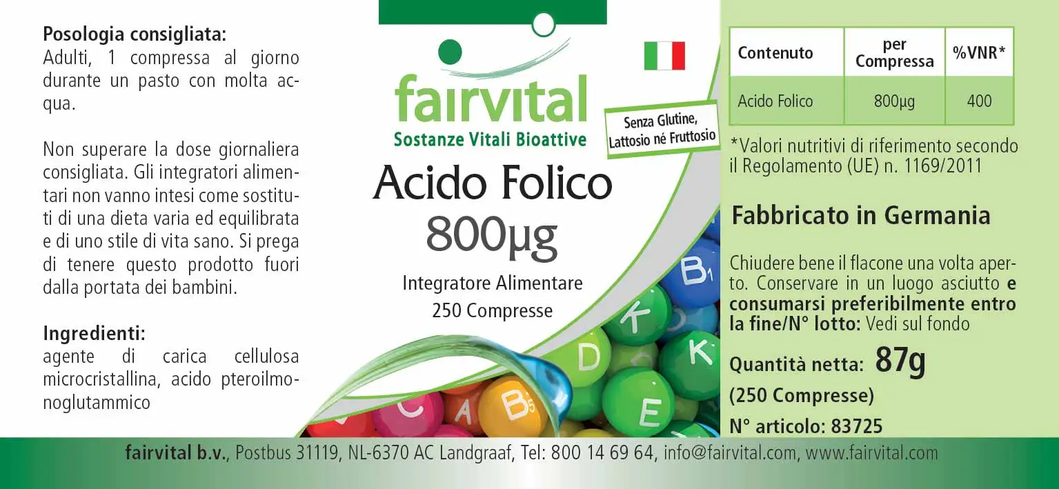Folsäure 800µg  - 250 Tabletten - Für Kinderwunsch - Schwangerschaft & Stillzeit - Vegan | Fairvital