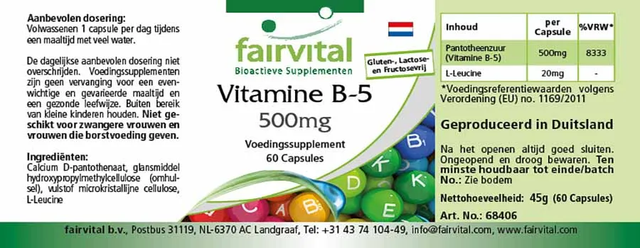 Vitamin B-5 500mg - 60 Kapseln - Pantothensäure - für geistige Leistung, gegen Müdigkeit | Fairvital