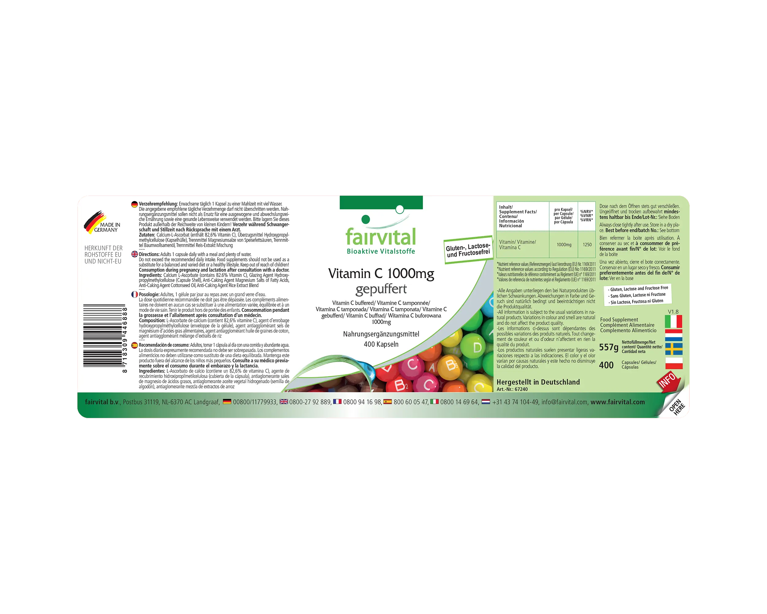 Vitamin C 1000mg gepuffert - 400 Kapseln - für Immunsystem, Kollagenbildung uvm. | Fairvital