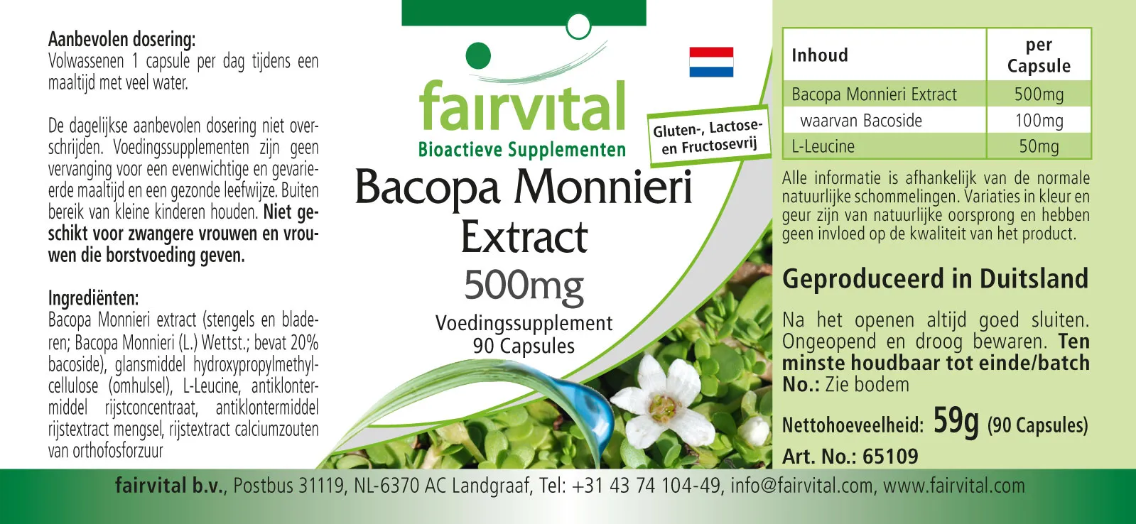 Bacopa Monnieri Extrakt 500mg - Brahmi Kapseln - mit 20% Bacoside - 90 Kapseln - Hochdosiert und Vegan | Fairvital