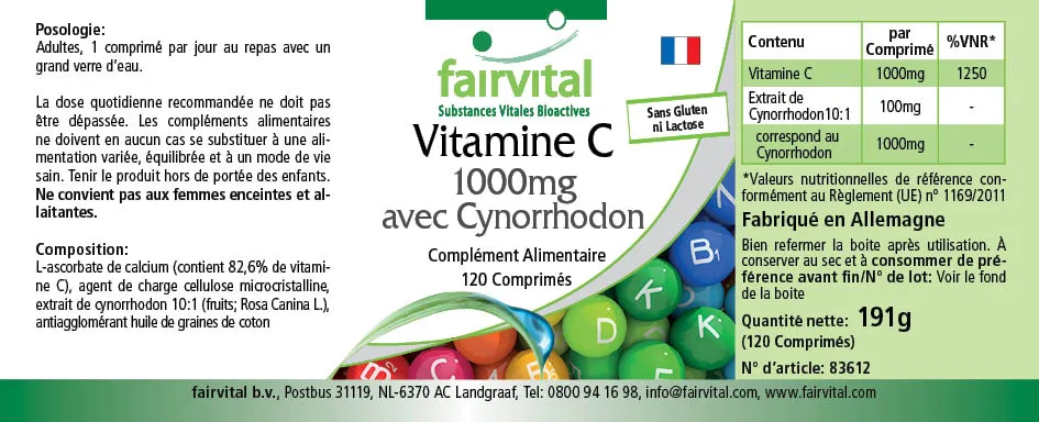 Vitamin C 1000mg mit Hagebutte - 120 Tabletten - für Immunsystem, Kollagenbildung uvm. | Fairvital