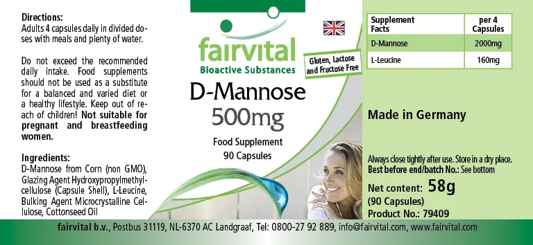 D-Mannose 500mg - 90 Kapseln - natürliches Monosaccharid - Hochdosiert und Vegan | Fairvital