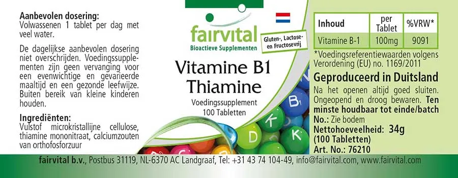 Vitamin B1 Thiamin - 100 Tabletten - für Herz, Nervensystem uvm. - Vegan | Fairvital