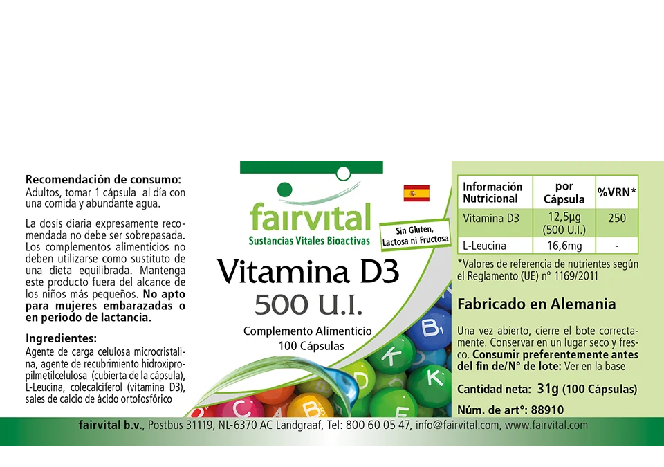 Vitamin D3 500 I.E. - 100 Kapseln - für Immunsystem, Knochen, Muskelfunktion uvm. | Fairvital