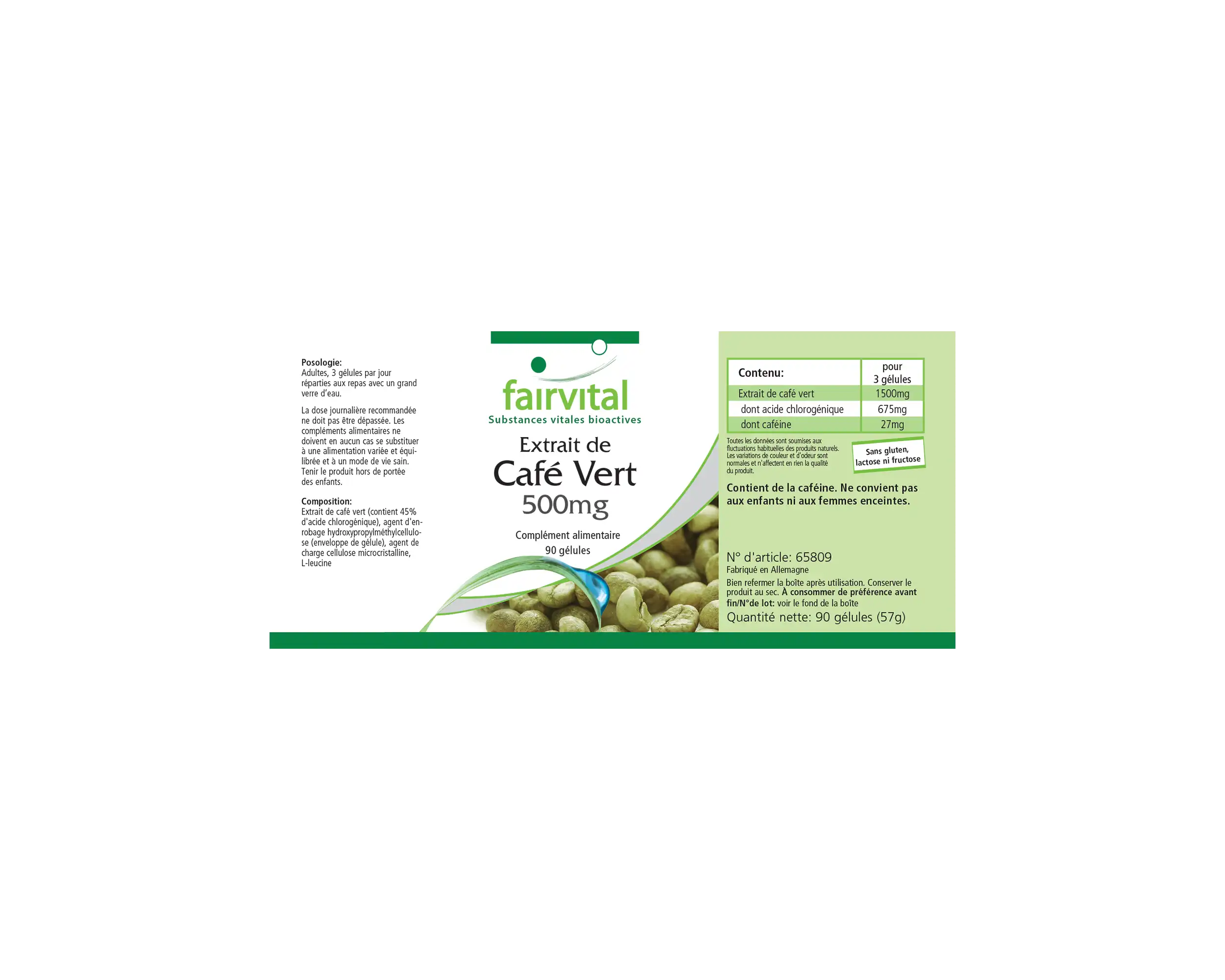 Grüner Kaffee Extrakt 500mg - 90 Kapseln - Standardisiert auf 45% Chlorogensäure - Hochdosiert und Vegan | Fairvital