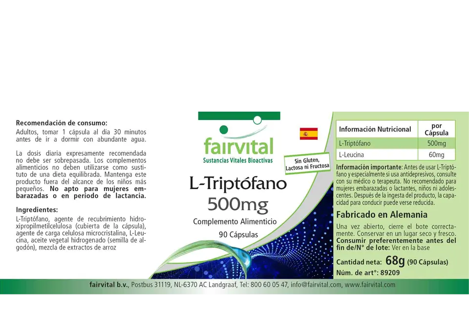 L-Tryptophan 500mg - 90 Kapseln - essentielle Aminosäure - Hochdosiert und Vegan | Fairvital