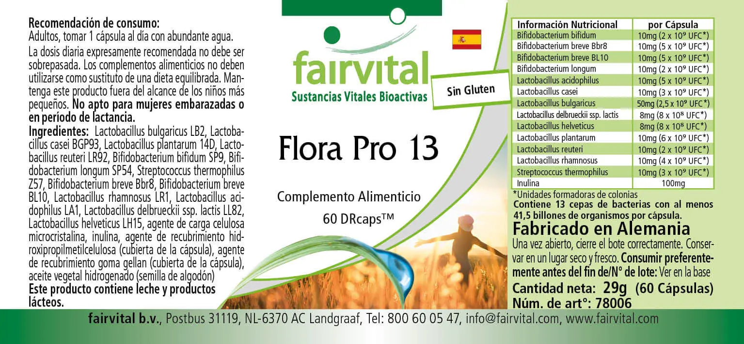 Flora Pro 13 - 60 Kapseln - 13 Bakterienstämme & 41,5 Milliarden Kulturen pro Kapsel - Hochdosiert | Fairvital