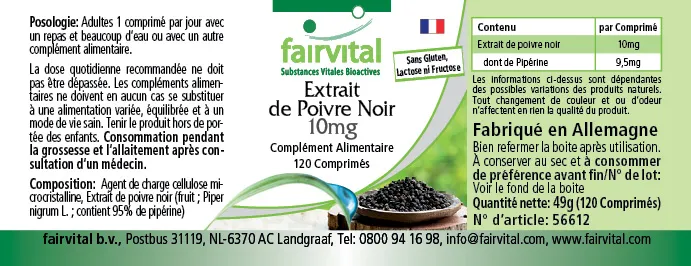 Schwarzer Pfeffer Extrakt 10mg - 120 Tabletten - 95% Piperin - Vegan | Fairvital