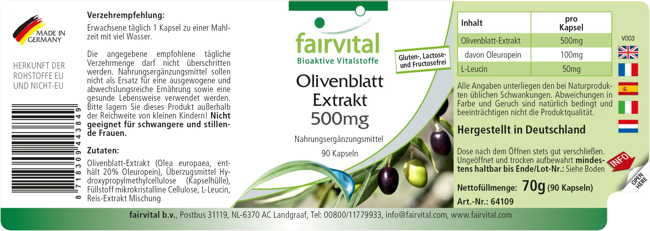 Olivenblatt Extrakt 500mg - 90 Kapseln - mit 20% Oleuropein - Olea europaea - Hochdosiert und Vegan | Fairvital