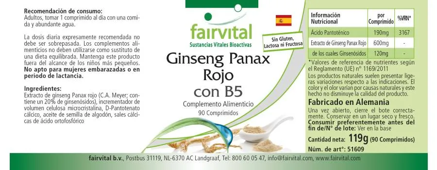 Roter Panax Ginseng mit B5 - 90 Tabletten - für Energiestoffwechsel uvm. - Vegan | Fairvital