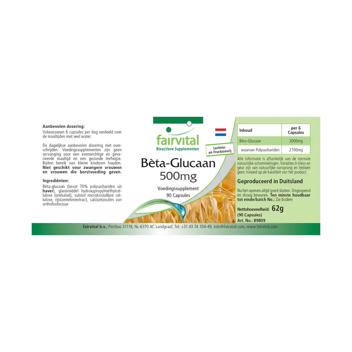 Beta-Glucan 500mg - 90 Kapseln - 70% Polysaccharide aus Hafer - Hochdosiert und Vegan | Fairvital