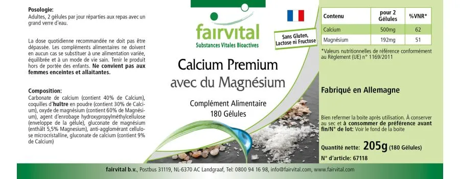 Premium-Calcium mit Magnesium - 180 Kapseln - für Knochen, Muskeln, Elektrolytgleichgewicht uvm. | Fairvital