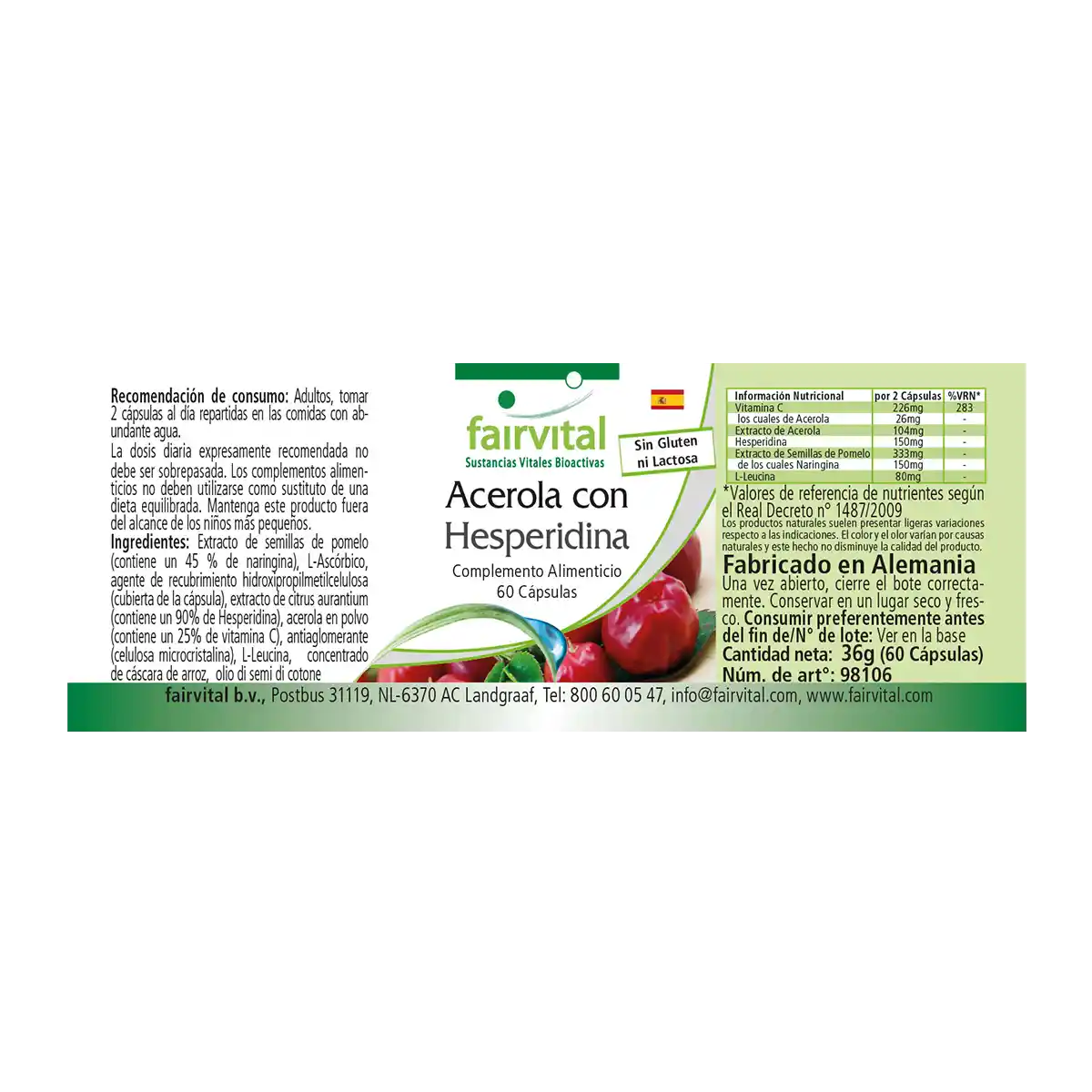 Acerola mit Hesperidin und Vitamin C-60 Kapseln - Hochdosiert und Vegan | Fairvital