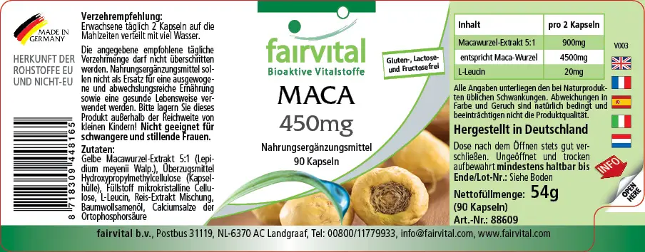 MACA 450mg - 90 Kapseln - 4-fach konzentrierter Wurzelextrakt - Hochdosiert und Vegan | Fairvital