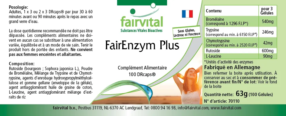 FairEnzym Plus - 100 DRCaps™ - Multi Enzym Komplex - mit Rutosid, Bromelain, Trypsin & Chymotrypsin - Hochdosiert | Fairvital