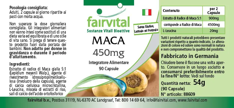 MACA 450mg - 90 Kapseln - 4-fach konzentrierter Wurzelextrakt - Hochdosiert und Vegan | Fairvital MACA 450mg - 90 Kapseln - 4-fach konzentrierter Wurzelextrakt - Hochdosiert und Vegan | Fairvital