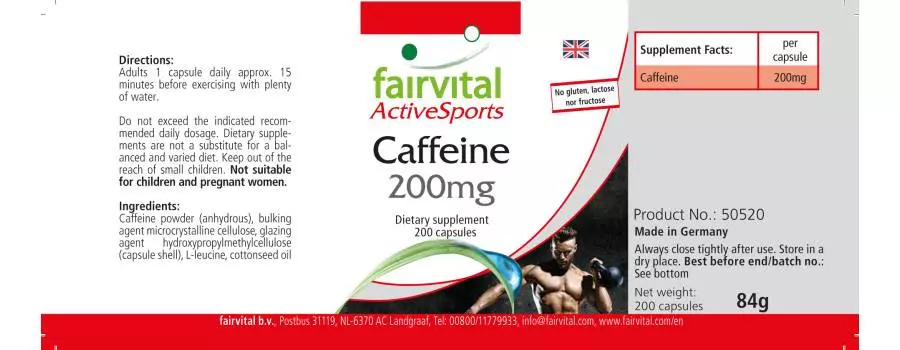 Koffein 200mg - 200 Kapseln - Hochdosiert und Vegan | Fairvital