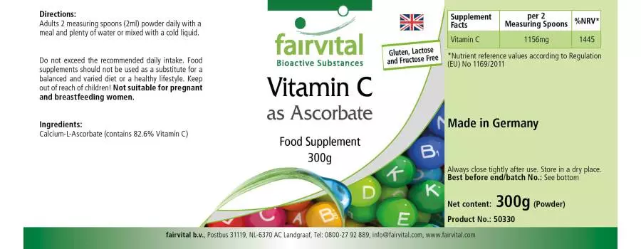 Vitamin C als Ascorbat - 300g Pulver - für Immunsystem, Kollagenbildung uvm. - Vegan | Fairvital