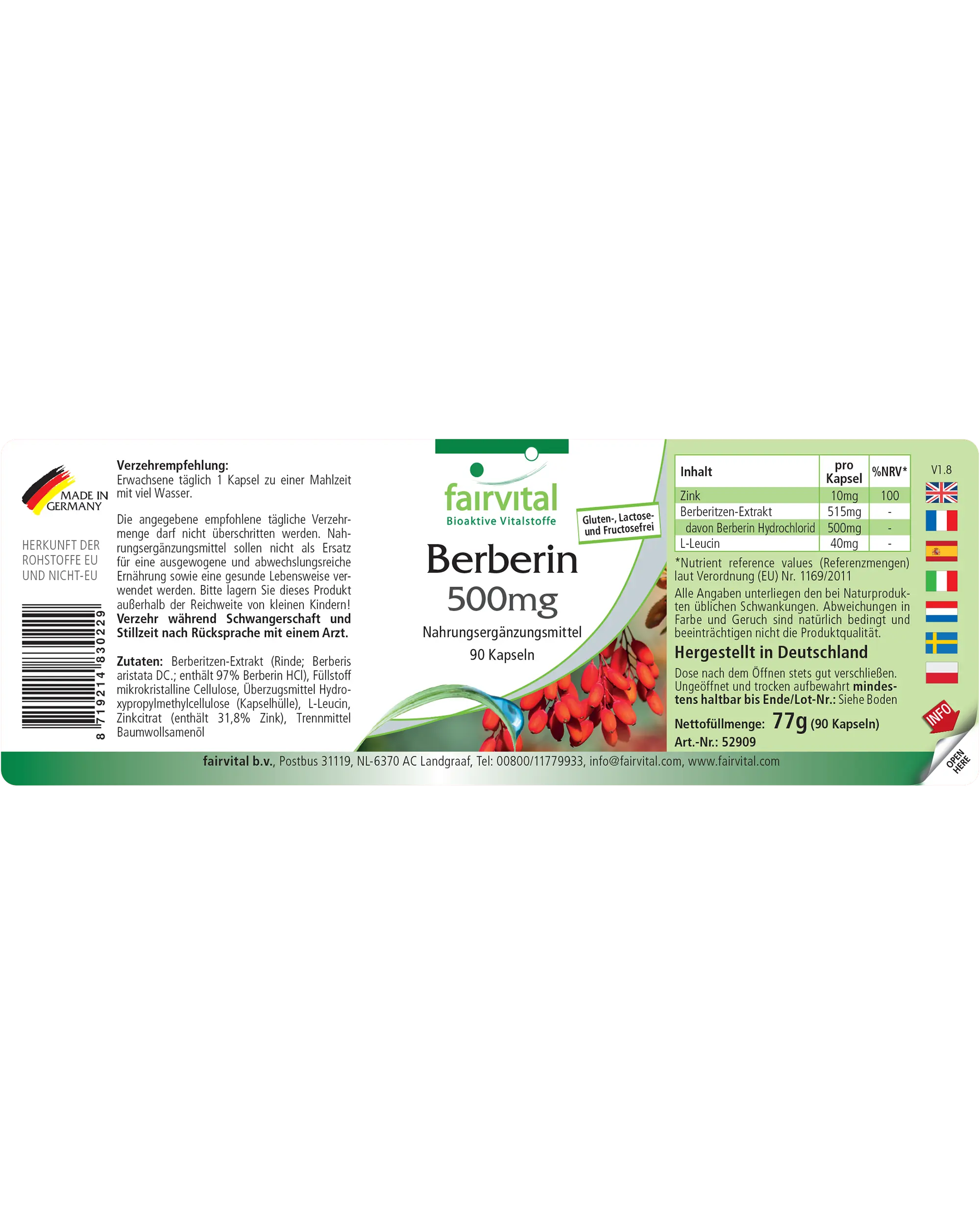 Berberin 500mg - mit Zink für Sehkraft, Haare, Haut, Immunsystem uvm. - 90 Kapseln - Hochdosiert und Vegan | Fairvital