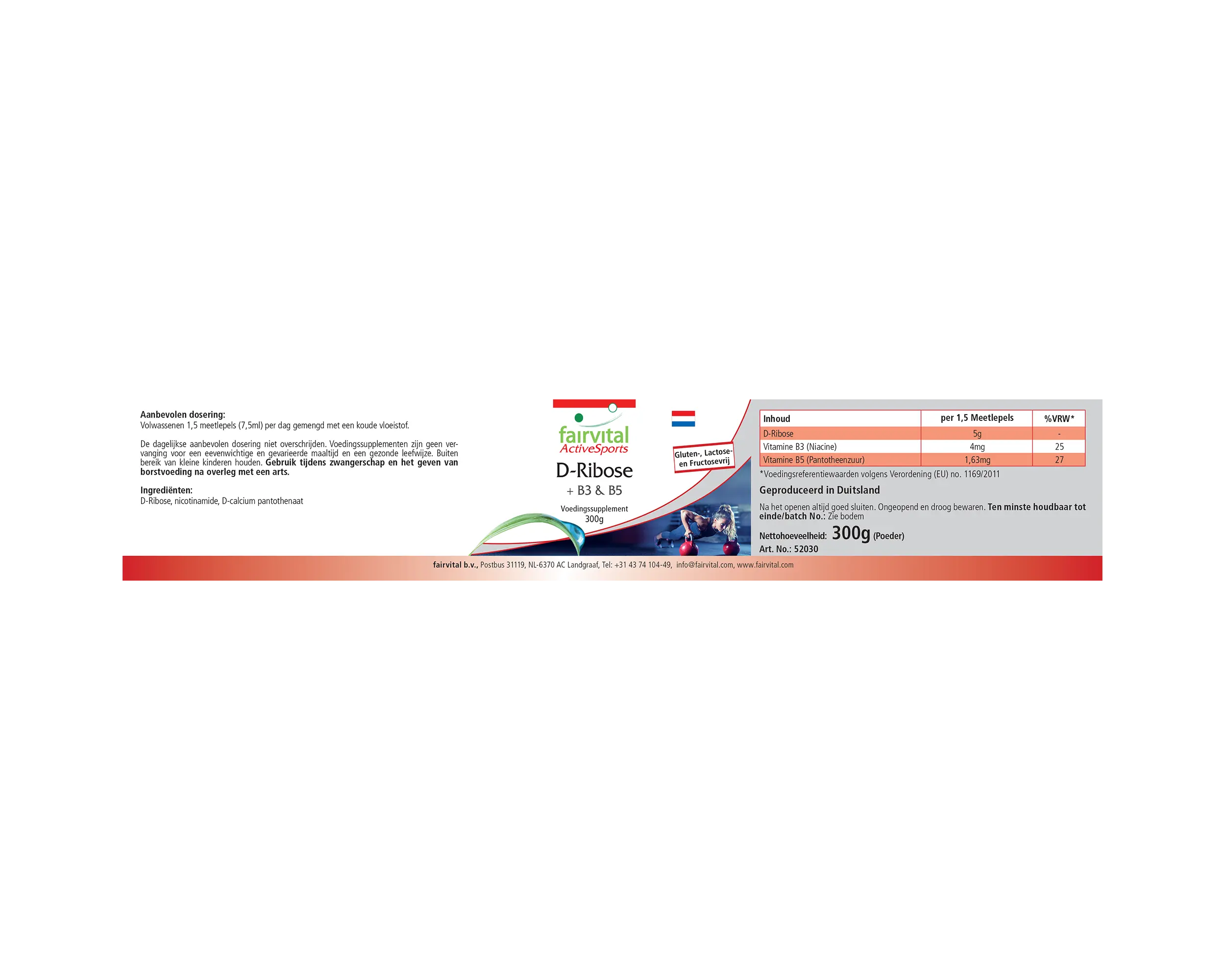 D-Ribose + B3 & B5 - 300g Pulver - Active Sports - für Stoffwechsel von Steroidhormonen - gegen Erschöpfung - Vegan | Fairvital