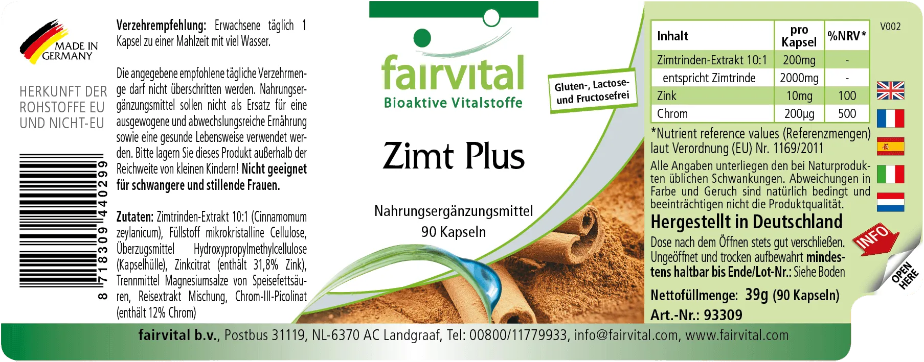 Zimt Plus - 90 Kapseln - Zimt - Extrakt + Chrom + Zink - Vegan | Fairvital