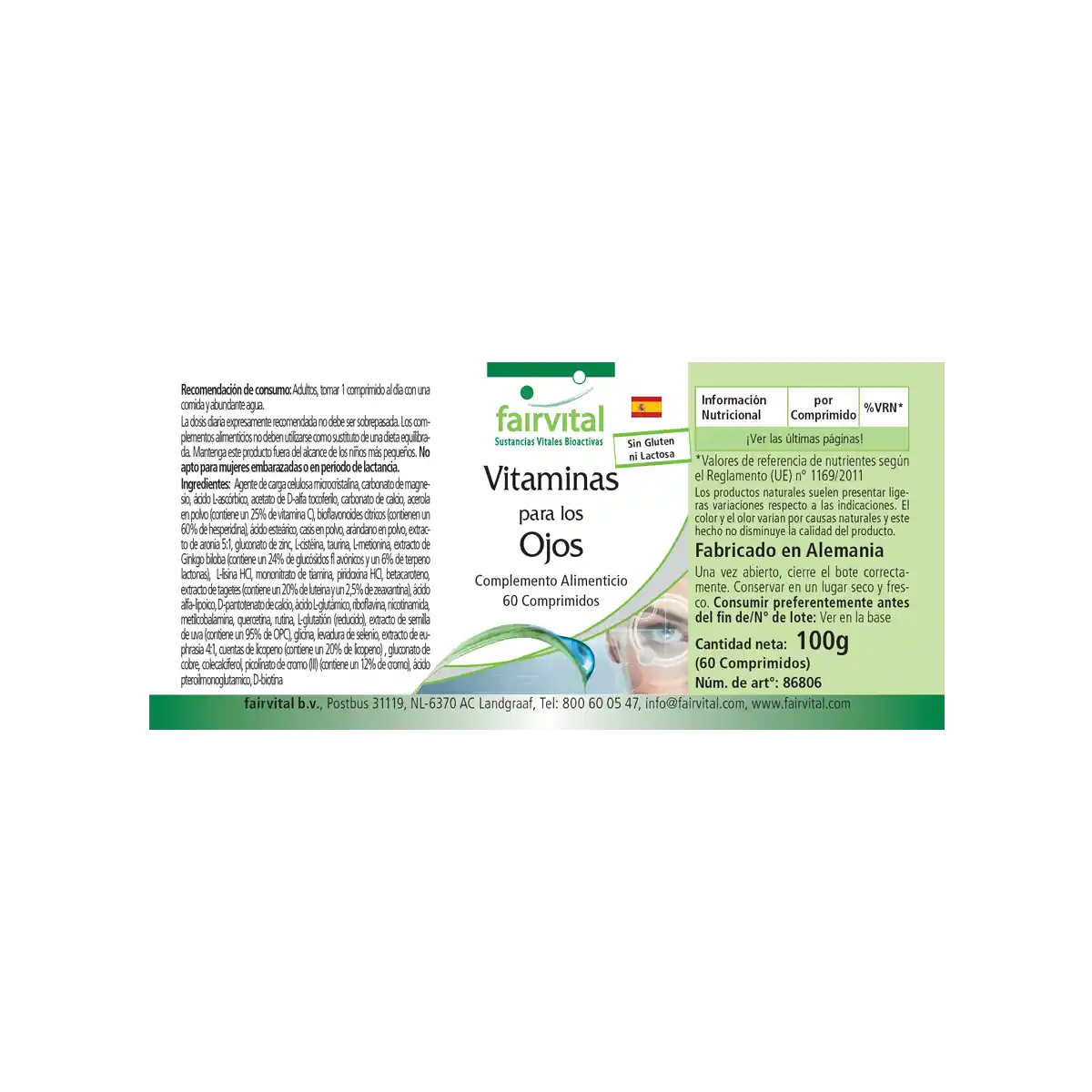 Augenvitamine - 60 Tabletten - mit Vitamin A, Riboflavin, Zink, uvm. - für Sehkraft, Zellteilung uvm. | Fairvital