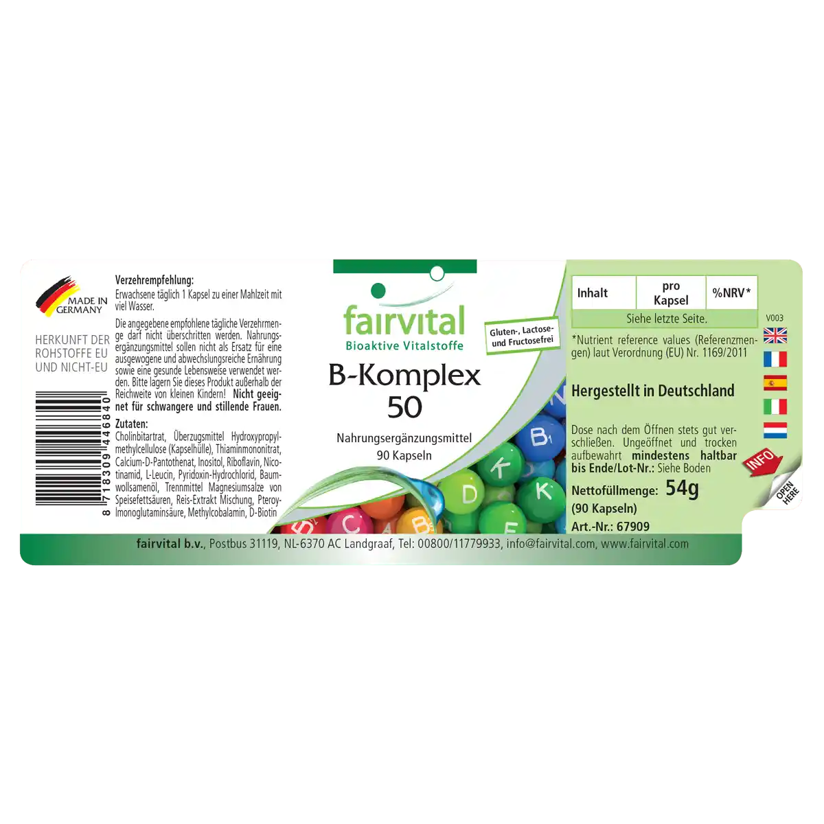 B-Komplex 50 - 90 Kapseln - mit B-Vitaminen, Cholin uvm. - für Immunsystem, Fettstoffwechsel, gegen Müdigkeit | Fairvital