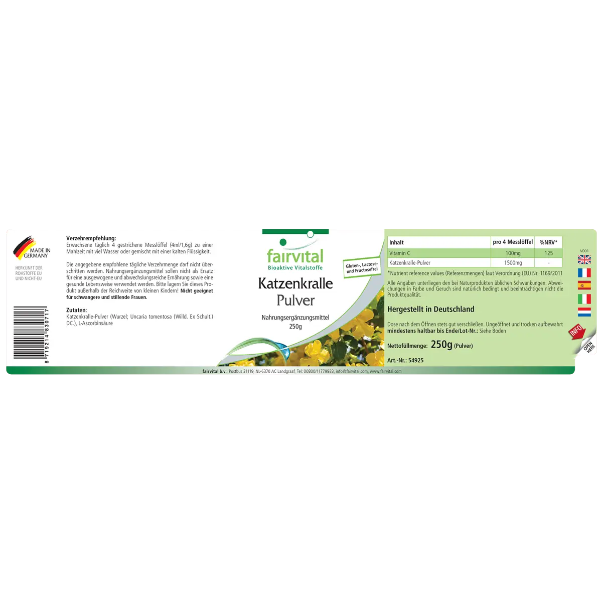 Katzenkralle Pulver 250g - mit Vitamin C - für Immunsystem, Kollagenbildung, uvm. - Vegan | Fairvital Katzenkralle Pulver 250g - mit Vitamin C - für Immunsystem, Kollagenbildung, uvm. - Vegan | Fairvital