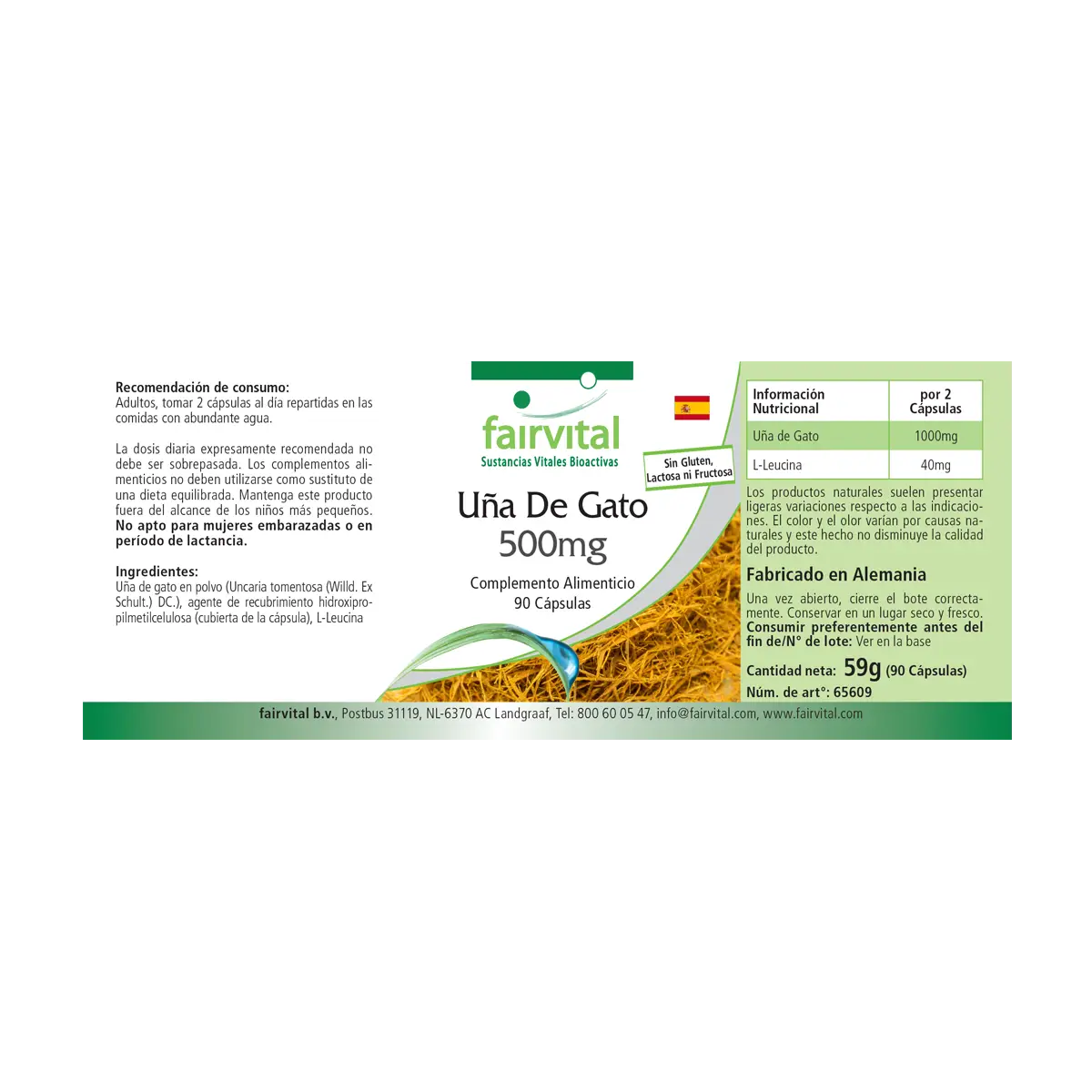 Katzenkralle 500mg - 90 Kapseln - Cat's Claw 500mg - Uña de Gato (Uncaria tomentosa) - Hochdosiert und Vegan | Fairvital