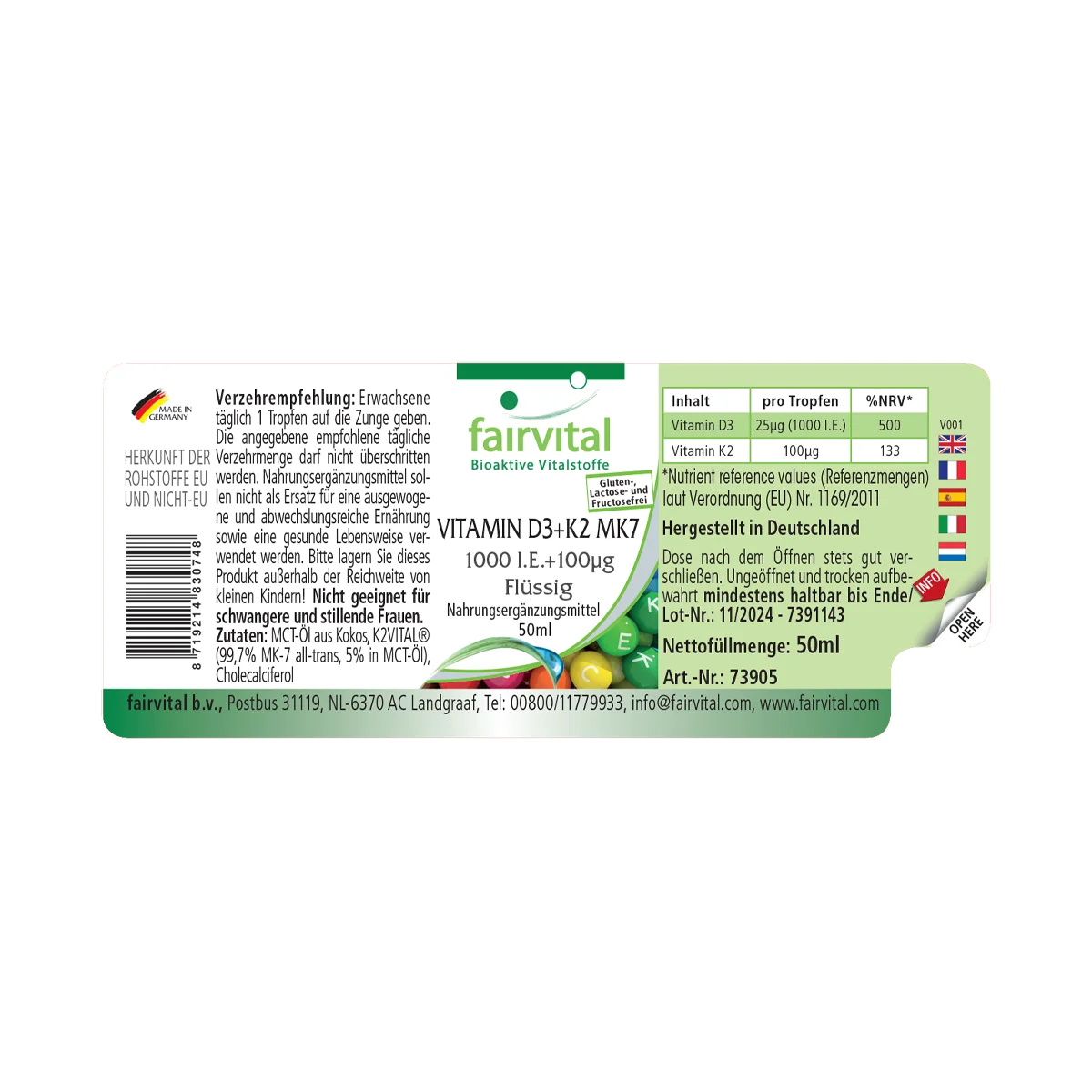 Vitamin D3 + K2 MK7 - 1000 I.E. + 100 μg - 50 ml - für Knochen, Immunsystem uvm. | Fairvital