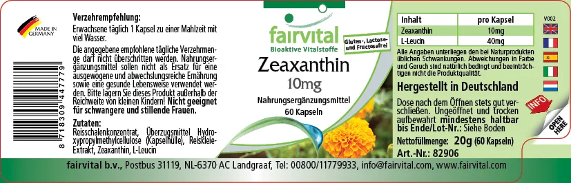 Zeaxanthin 10mg - 60 Kapseln - Hochdosiert und Vegan | Fairvital