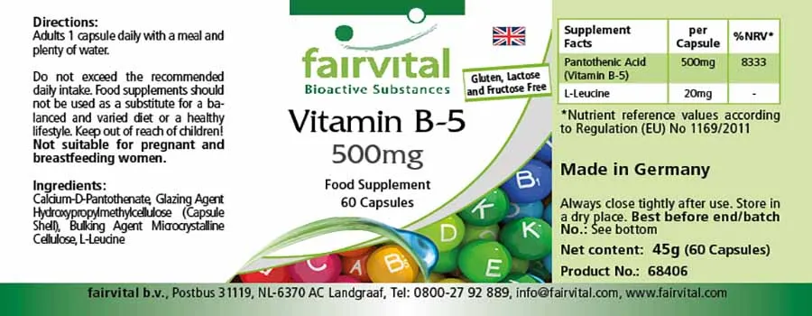 Vitamin B-5 500mg - 60 Kapseln - Pantothensäure - für geistige Leistung, gegen Müdigkeit | Fairvital