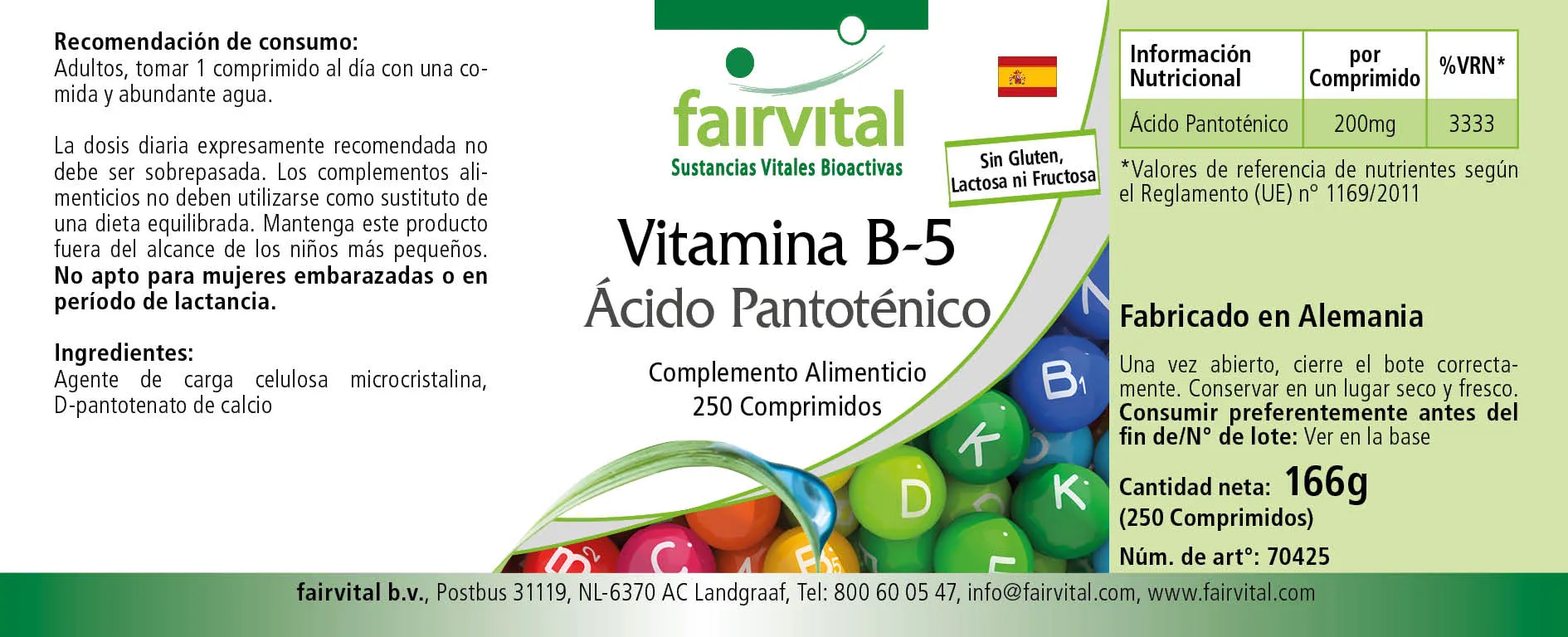 Vitamin B-5 Pantothensäure 200mg - 250 Tabletten - für geistige Leistung, Energiestoffwechsel uvm. - Vegan | Fairvital