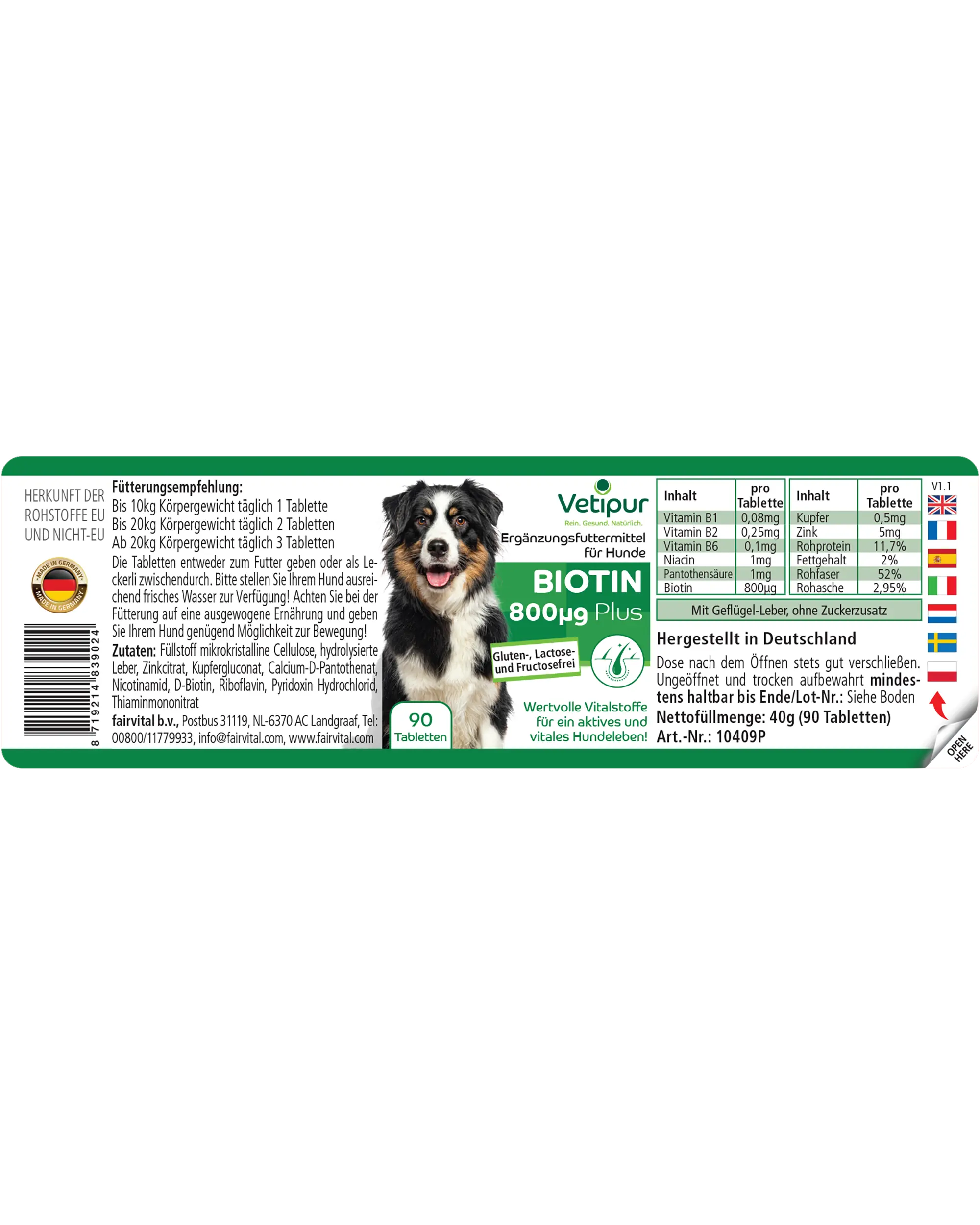 Biotin 800µg - mit Niacin, Zink, Kupfer uvm. - für Fell und Haut - 90 Tabletten | Fairvital