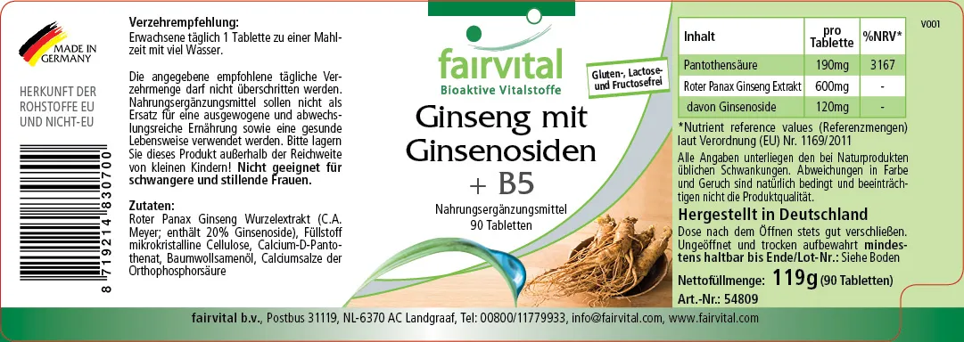 Ginseng mit Ginsenosiden + B5 - 90 Tabletten - mit Pantothensäure - für Energiestoffwechsel, geistige Leistung uvm. | Fairvital