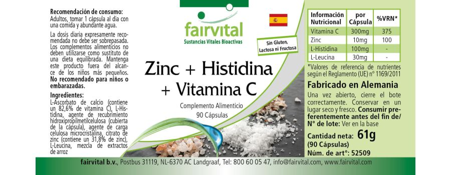 Zink + Histidin + Vitamin C -  90 Kapseln - für Immunsystem, Haare, Haut, Zellschutz uvm. - Vegan | Fairvital