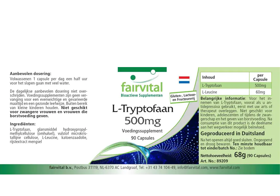 L-Tryptophan 500mg - 90 Kapseln - essentielle Aminosäure - Hochdosiert und Vegan | Fairvital