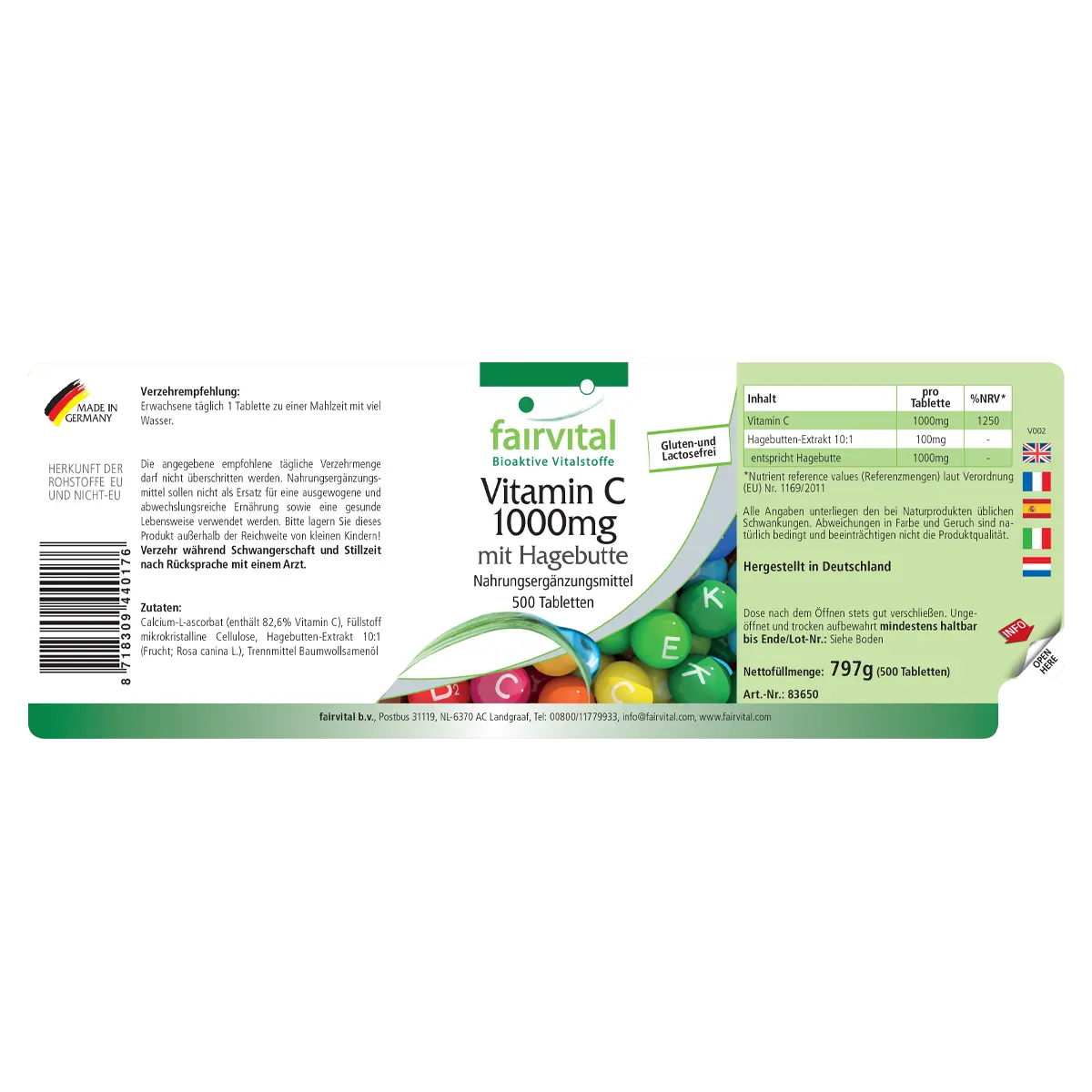 Vitamin C 1000mg mit Hagebutte - 500 Tabletten - für Immunsystem, Kollagenbildung uvm. | Fairvital