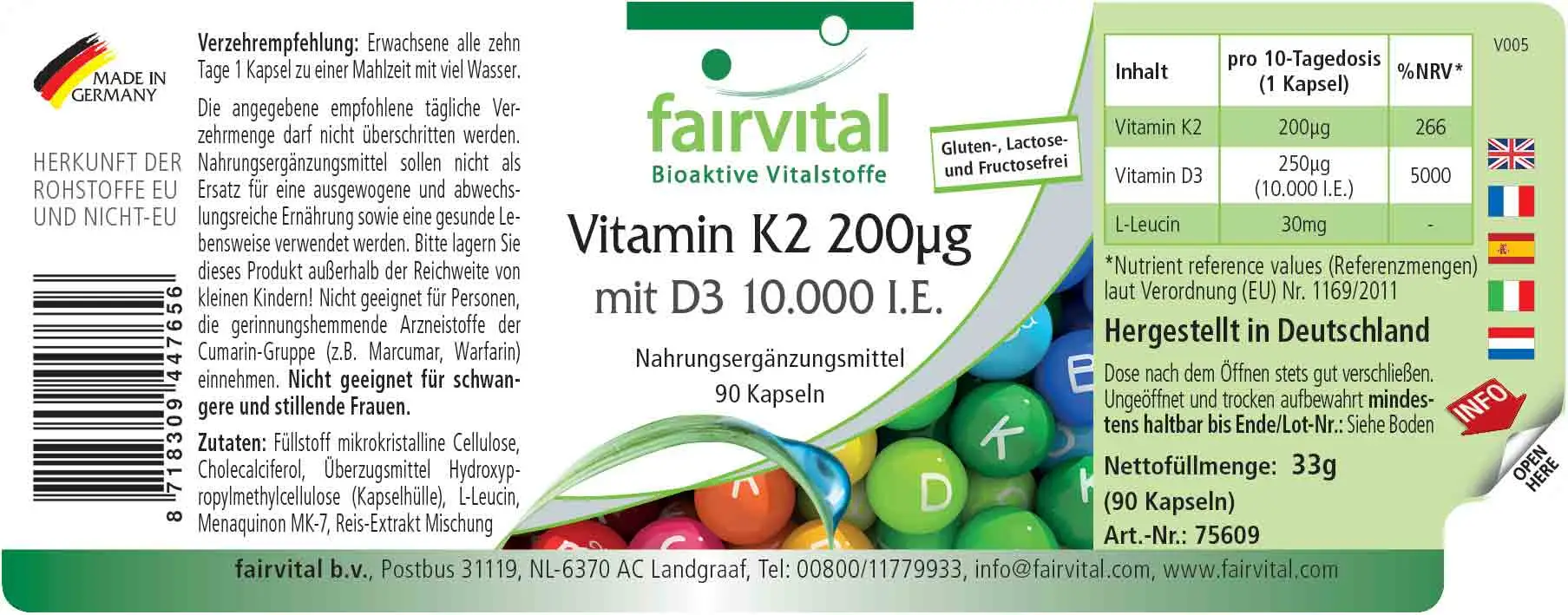 Vitamin K2 200µg mit D3 10000 I.E. - 90 Kapseln - für Knochen, Blutgerinnung uvm. | Fairvital