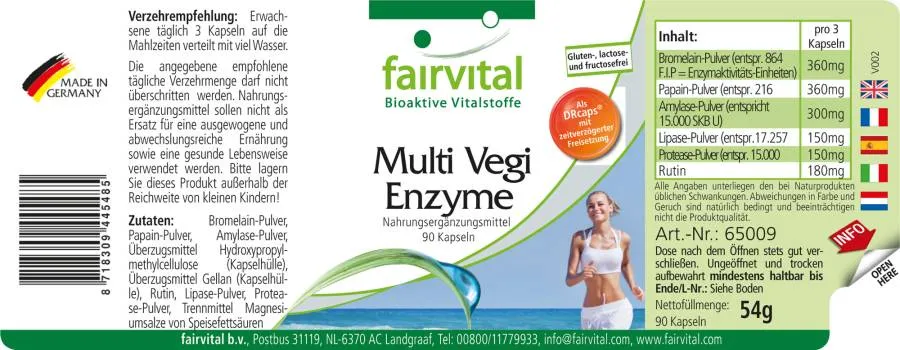 Multi Vegi Enzyme - 90 Kapseln - 100% pflanzlicher Enzymkomplex mit Bromelain, Papain, Lipase, Rutin - Vegan | Fairvital
