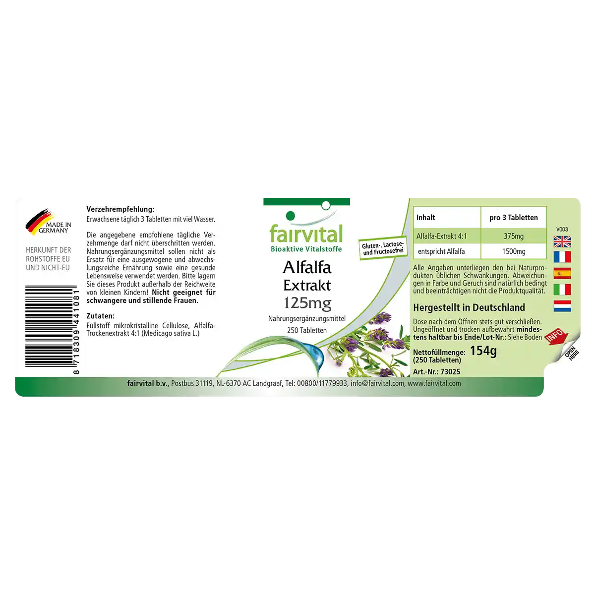 Alfalfa Extrakt 125mg - Medicago sativa (Luzerne) - 250 Tabletten - Hochdosiert und Vegan | Fairvital Alfalfa Extrakt 125mg - Medicago sativa (Luzerne) - 250 Tabletten - Hochdosiert und Vegan | Fairvital