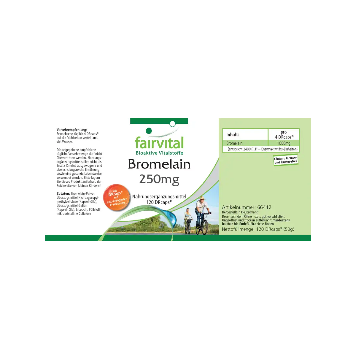Bromelain 250mg - 120 DRCaps™ - 1000mg pro Tagesdosis - 600 F.I.P. - Ananasenzym - Vegan | Fairvital