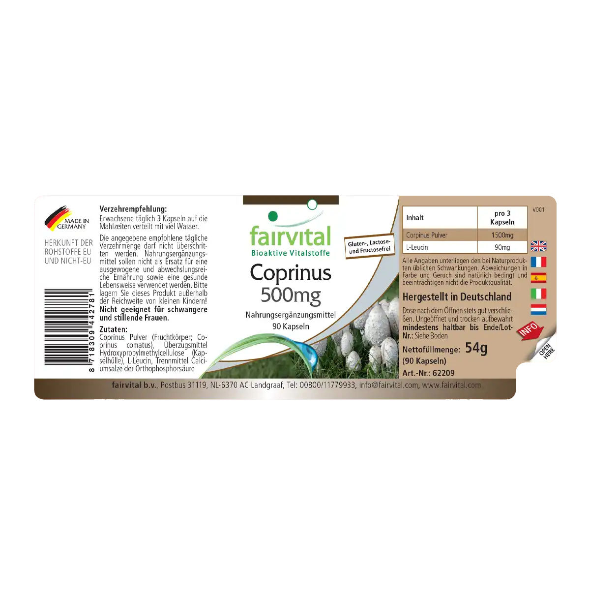 Coprinus 500mg - 90 Kapseln - Coprinus comatus (Spargelpilz) - Hochdosiert und Vegan | Fairvital