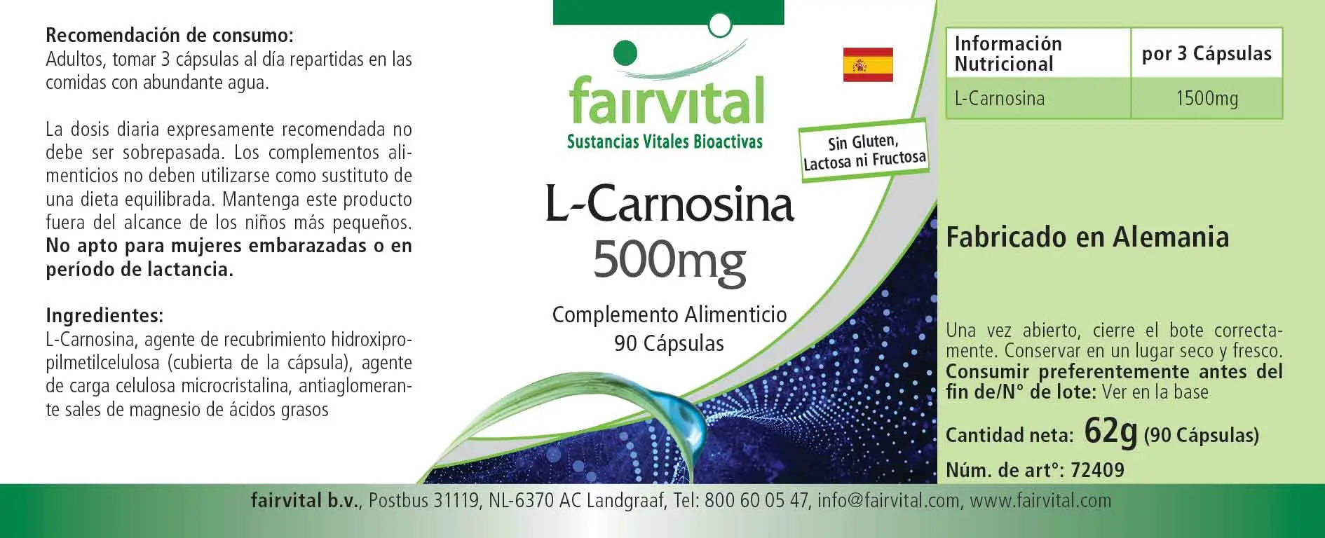 L-Carnosin 500mg - 90 Kapseln - Aminosäure - Hochdosiert und Vegan | Fairvital