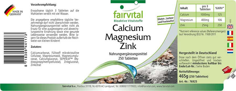 Calcium Magnesium Zink - 250 Tabletten - für Knochen, Muskeln, Immunsystem uvm. | Fairvital