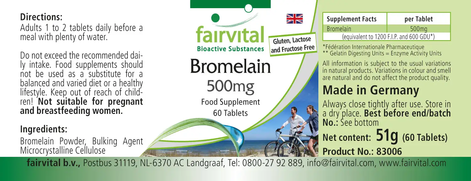 Bromelain 500mg  - 60 Tabletten - 1000mg pro Tagesdosis - 600 F.I.P. - Ananasenzym - Vegan | Fairvital