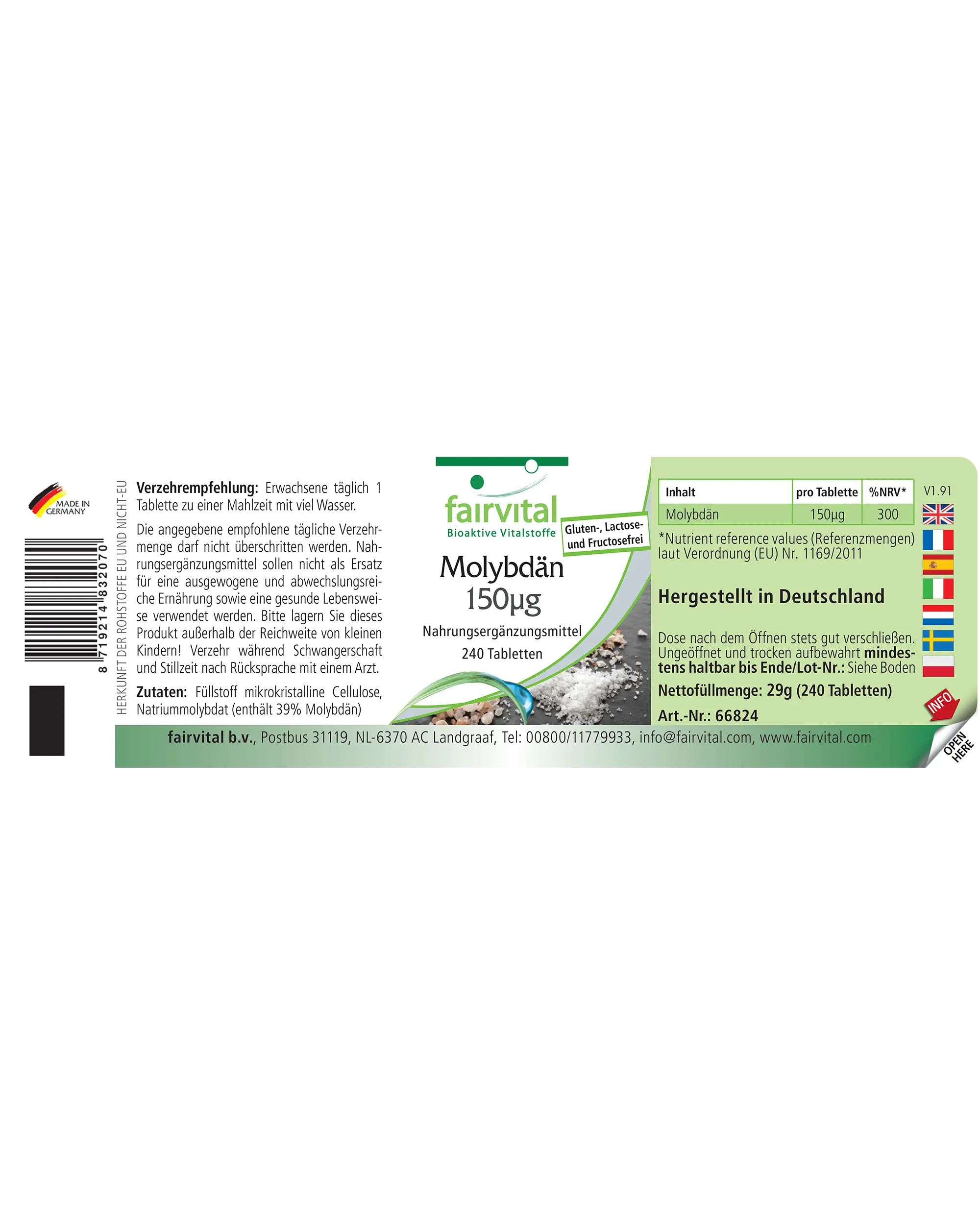 Molybdän 150μg - 240 Tabletten - für Stoffwechsel - Hochdosiert und Vegan | Fairvital