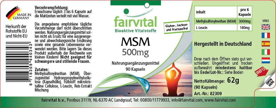 MSM 500mg - 90 Kapseln - Methylsulfonylmethan - Hochdosiert und Vegan | Fairvital