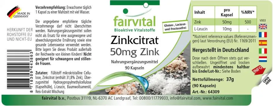Zinkcitrat mit 50mg Zink - für Immunsystem, Haare, Haut, Sehkraft uvm. - Vegan | Fairvital