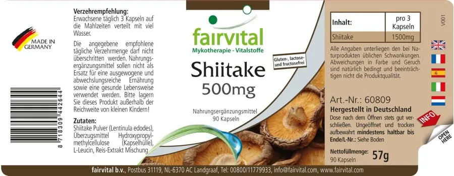 Shiitake 500mg - 90 Kapseln - Lentinula edodes - Hochdosiert und Vegan | Fairvital